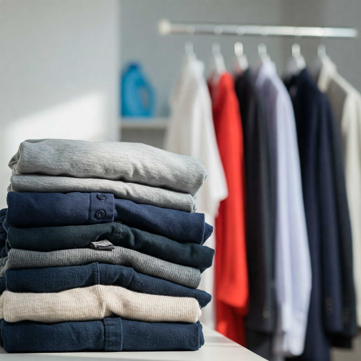 Stack Of Folded Shirts And Dry Cleaned Shirts In Background 1200X1200